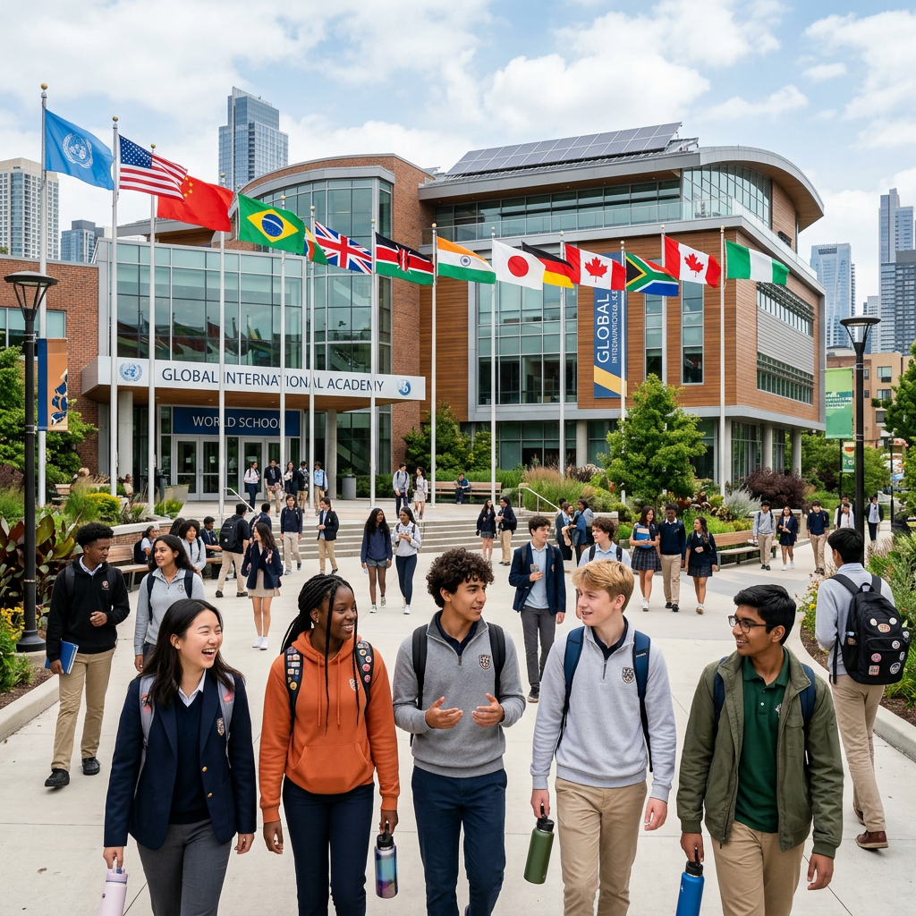 Group of diverse students talking and walking outside modern school building with international flags